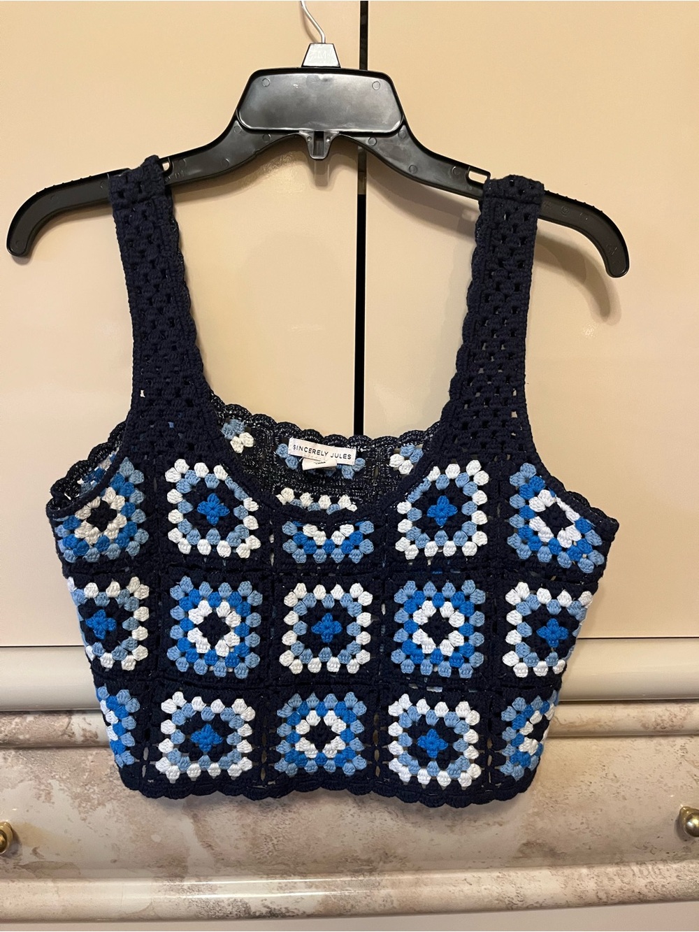 Sincerly Jules Navy Blue & White Crochet Square Tank
